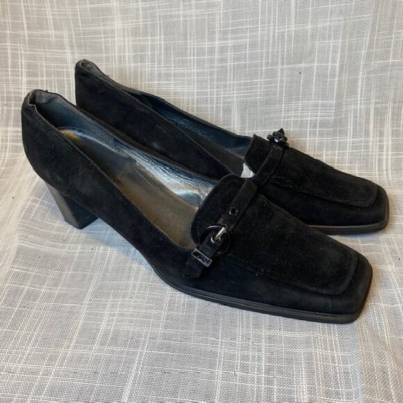 Stuart Weitzman Square Toe Pump Black Suede Buckle Strap Heel Womens Size 9 AA - Picture 1 of 8